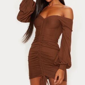 PrettyLittleThing Brown Ruched Off-Shoulder Mini Dress